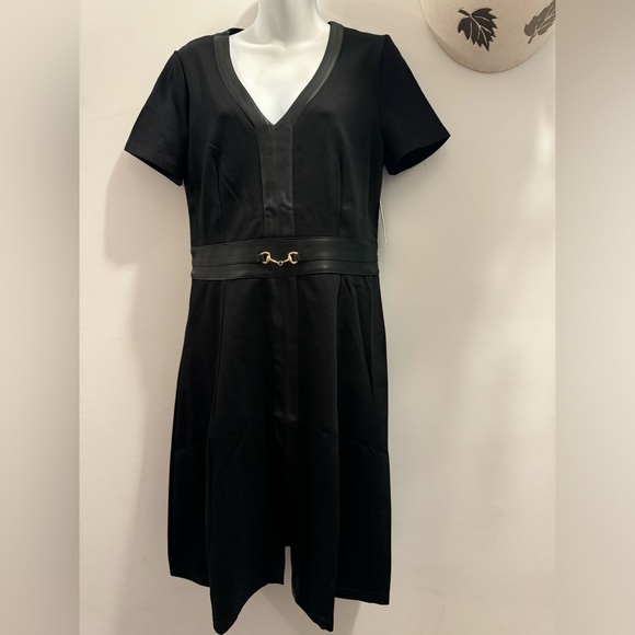 Ellen Stacy PONTE FLARE BLACK DRESS WITH VEGAN LEATHER TRIM size M - Picture 2 of 16